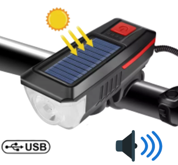 LUZ FRONTAL CON BOCINA Y PANEL SOLAR PARA BICI RECARGABLE