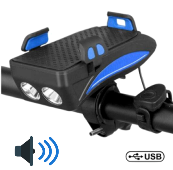 LUZ FRONTAL CON BOCINA Y SOPORTE PARA CELULAR PARA BICI RECARGABLE