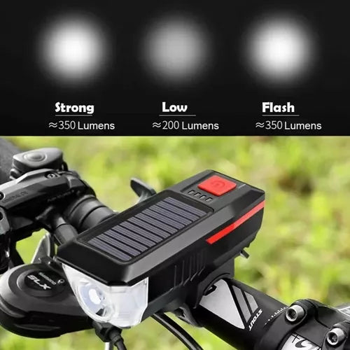 LUZ FRONTAL CON BOCINA Y PANEL SOLAR PARA BICI RECARGABLE