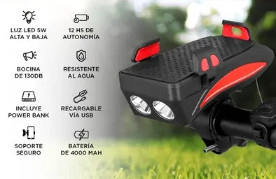 LUZ FRONTAL CON BOCINA Y SOPORTE PARA CELULAR PARA BICI RECARGABLE